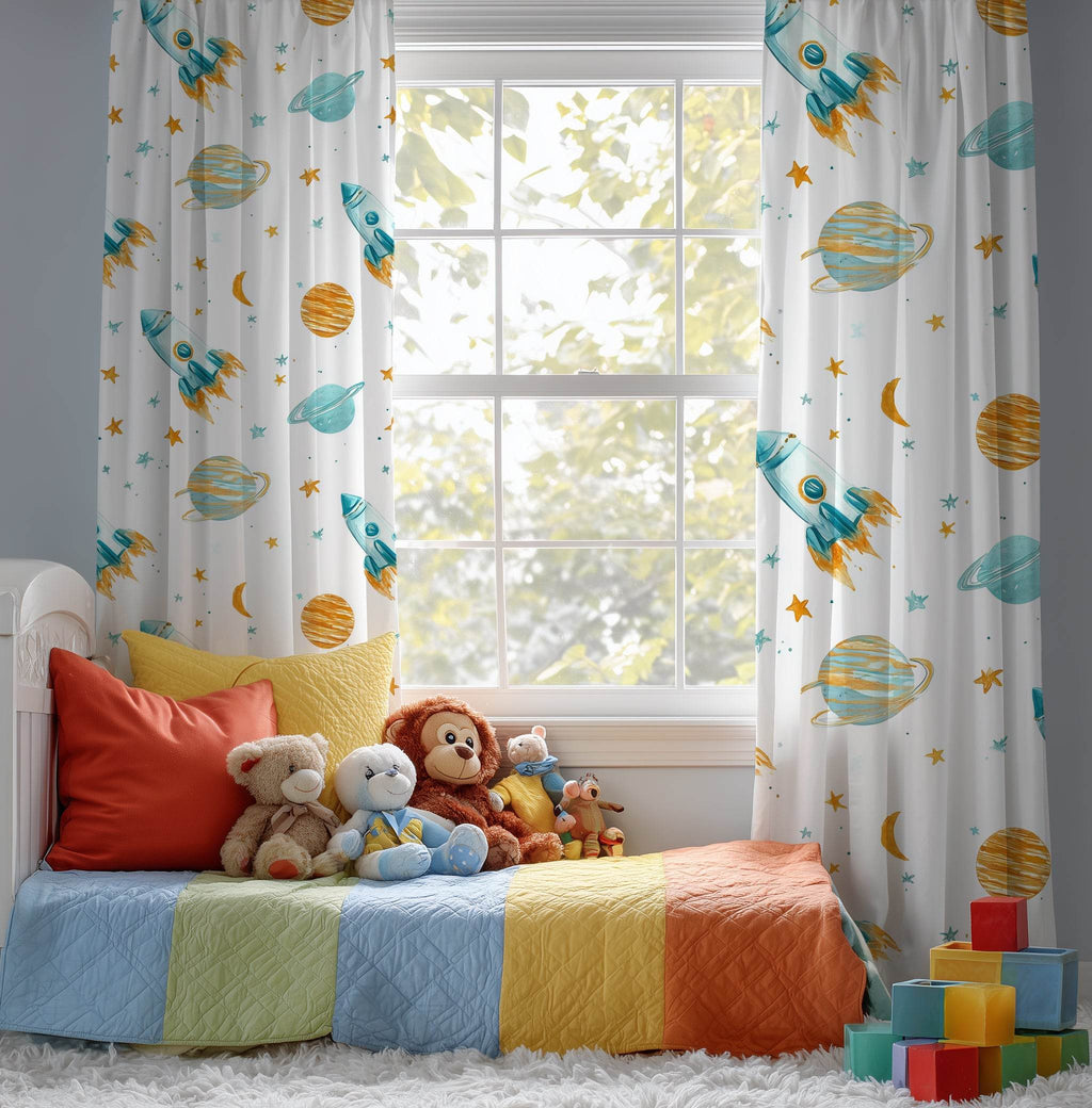 Rocket Adventure Window Curtain - Kids Room Decor, Space Theme, Planetary Plants, Nursery, Child’s Bedroom, Gift for Astronaut Lovers - Home Decor -