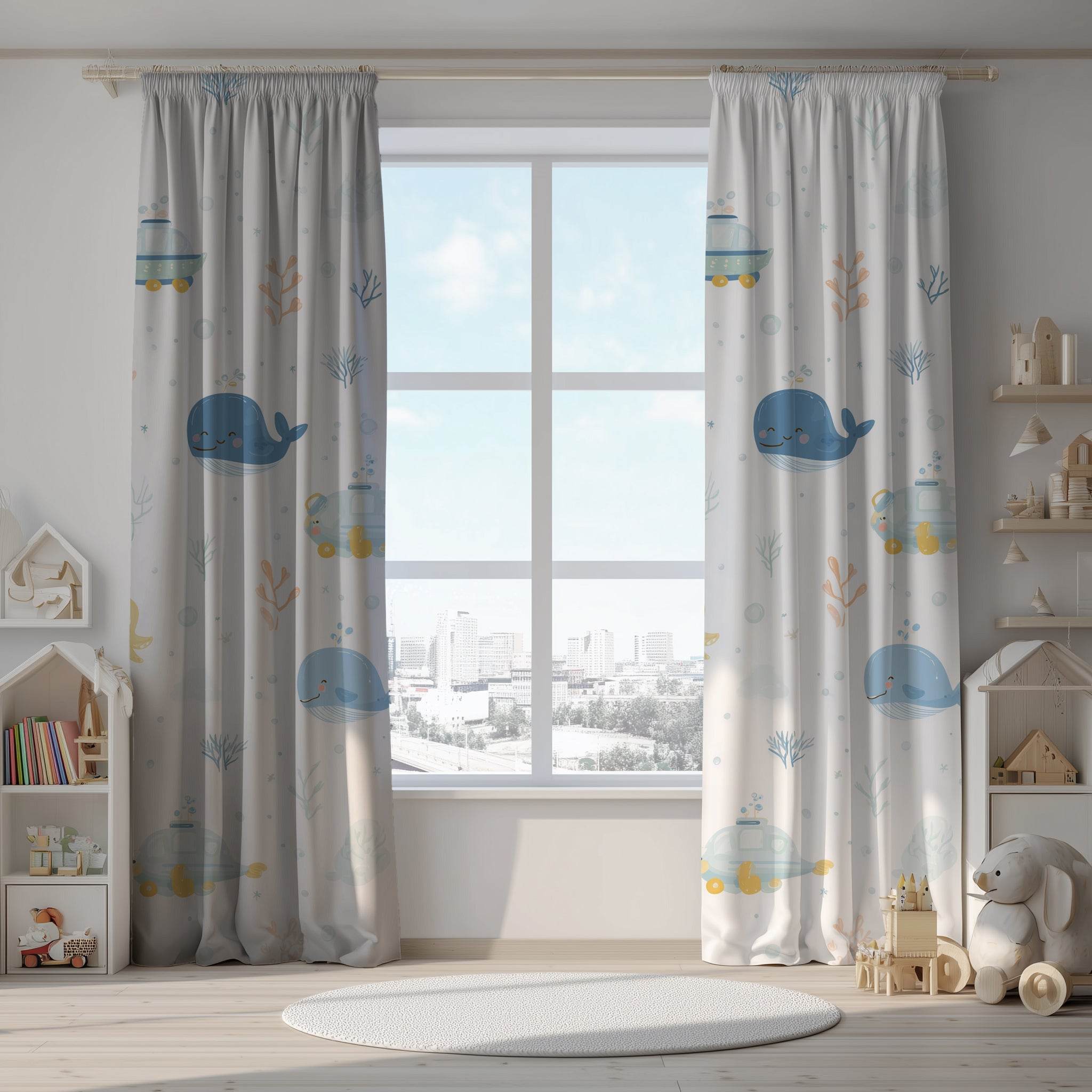 Blue-Toned Sea Life Window Curtain - Home Decor -