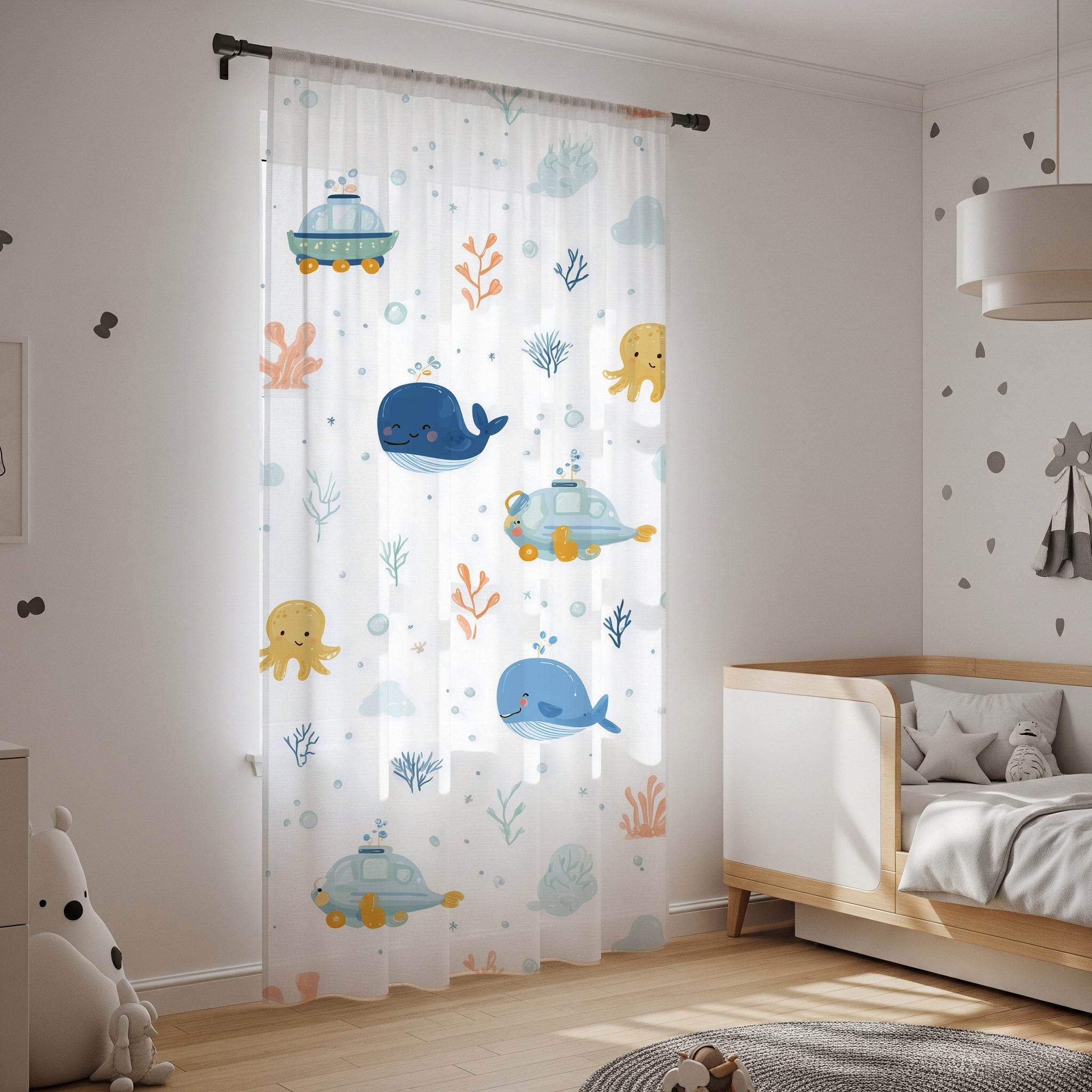 Blue-Toned Sea Life Window Curtain - Home Decor -