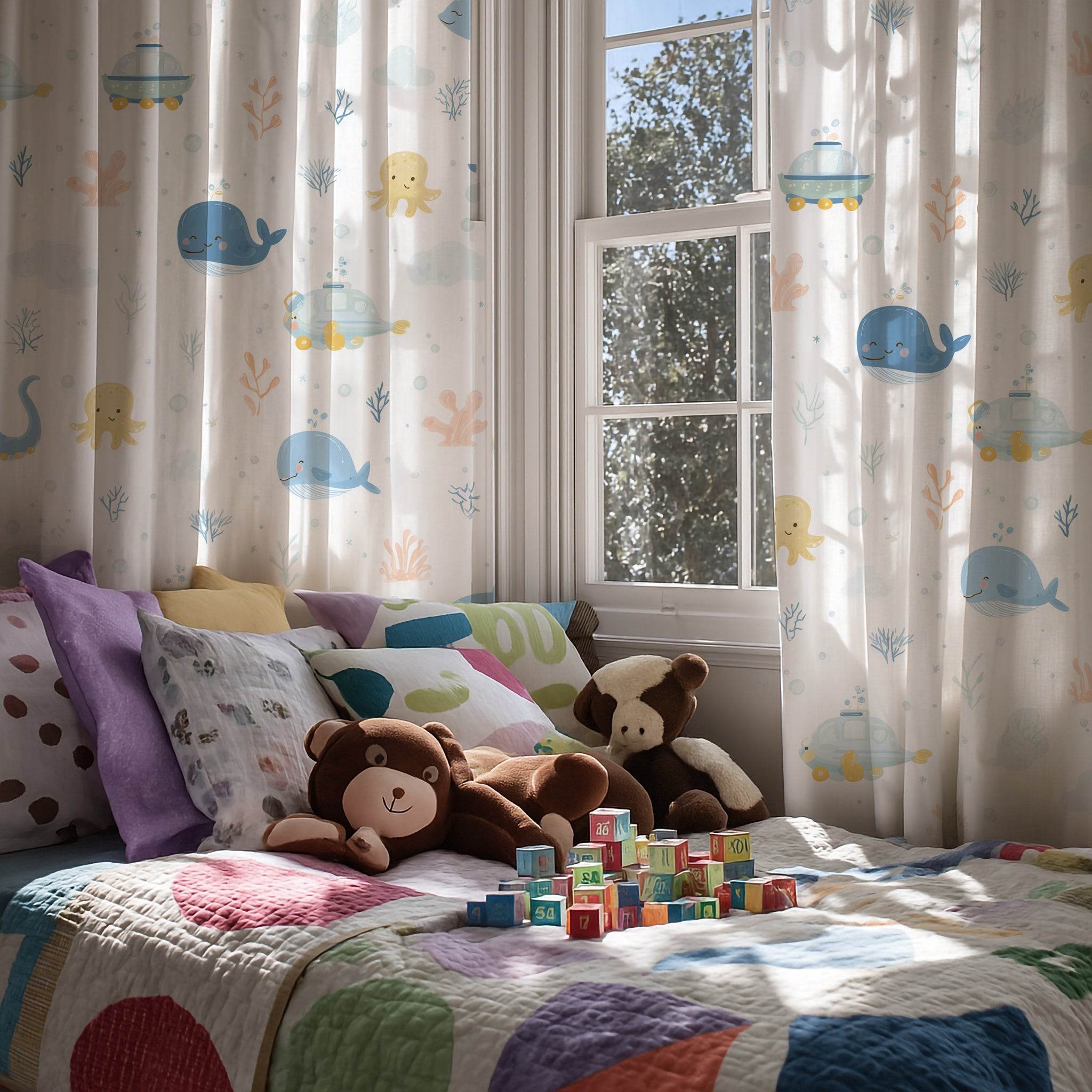 Blue-Toned Sea Life Window Curtain - Home Decor -