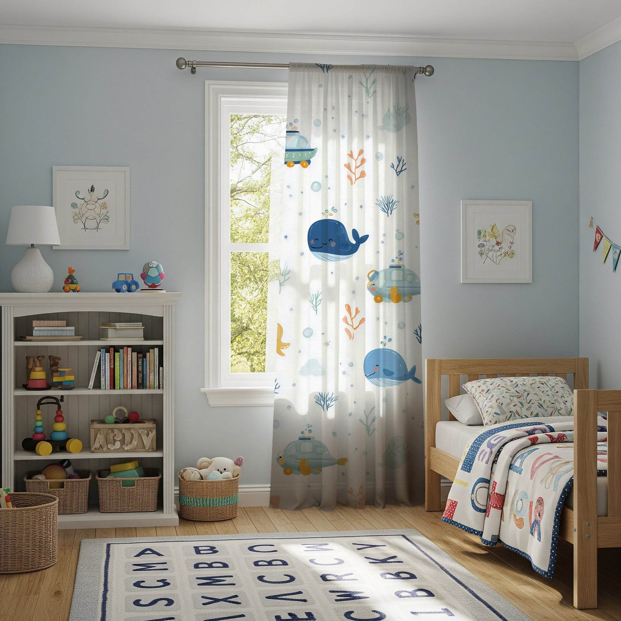 Blue-Toned Sea Life Window Curtain - Home Decor -