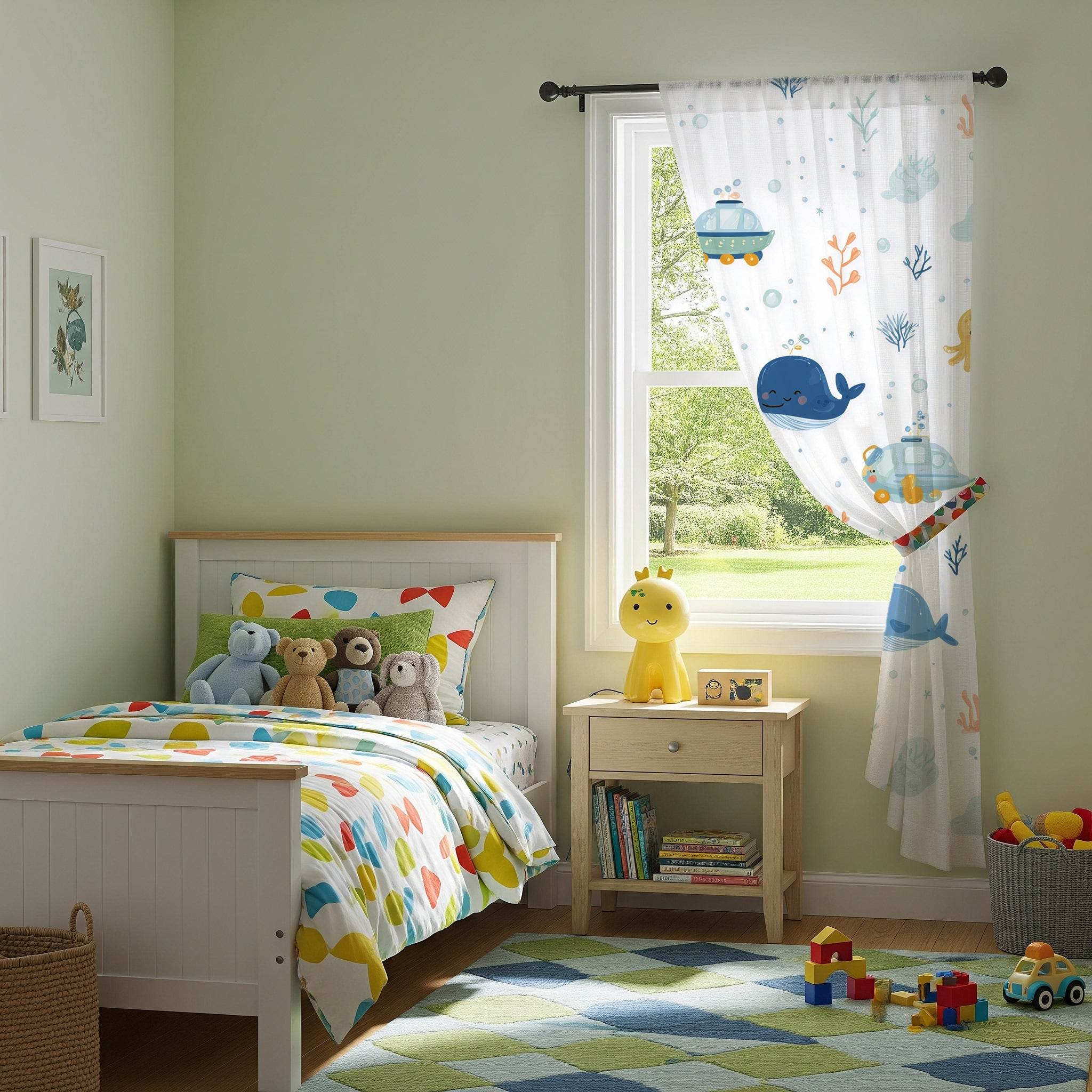 Blue-Toned Sea Life Window Curtain - Home Decor -