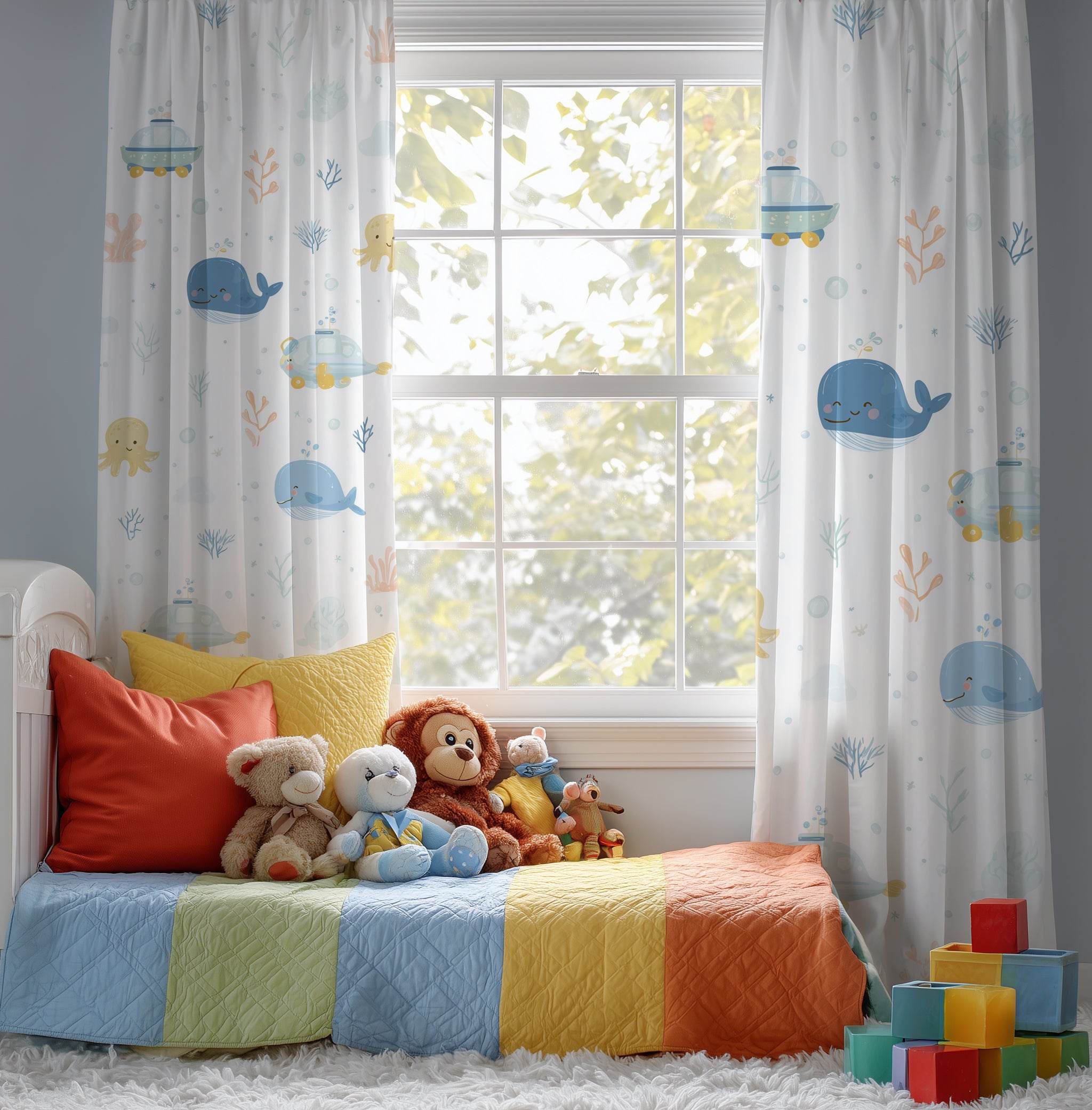 Blue-Toned Sea Life Window Curtain - Home Decor -