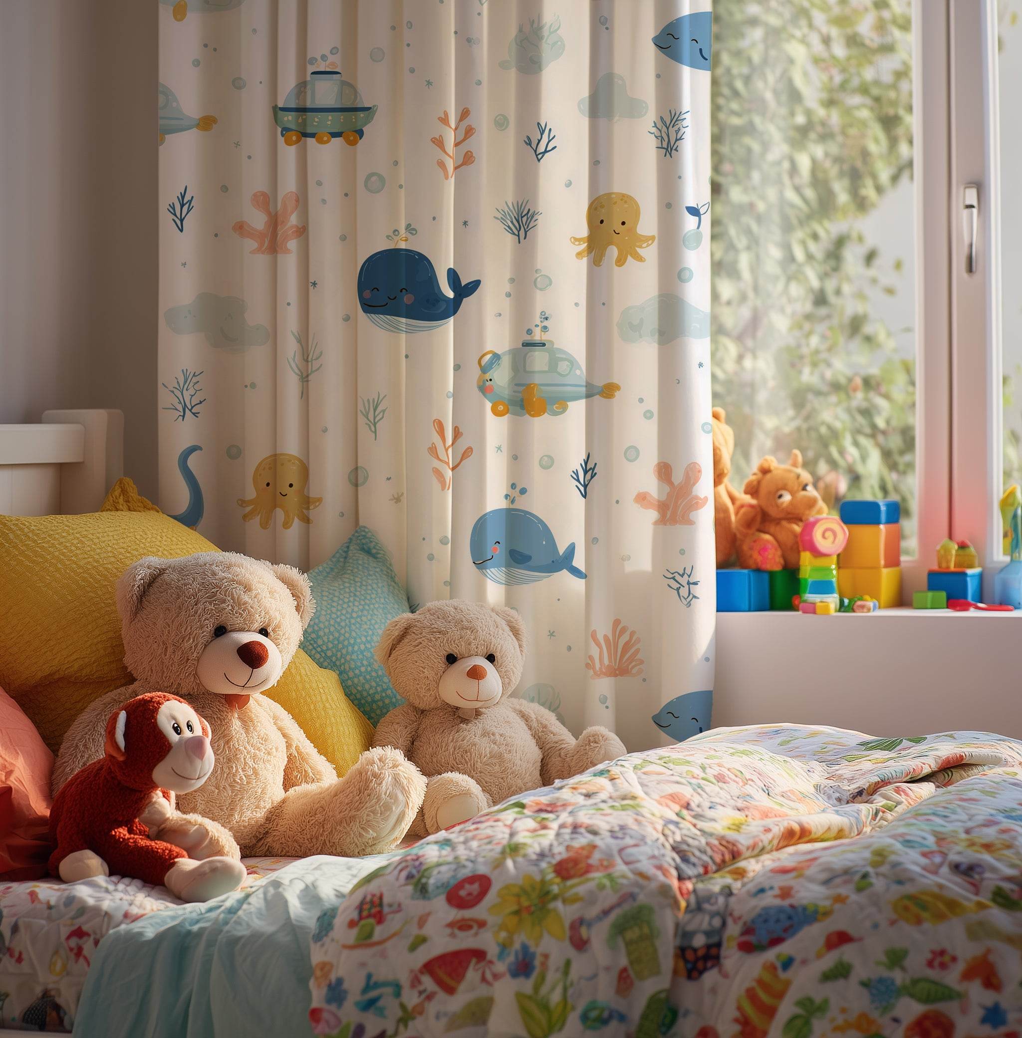 Blue-Toned Sea Life Window Curtain - Home Decor -