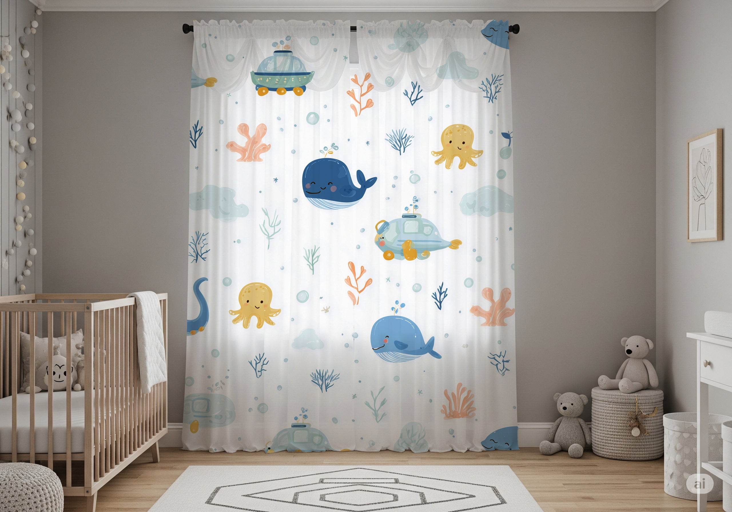Blue-Toned Sea Life Window Curtain - Home Decor -