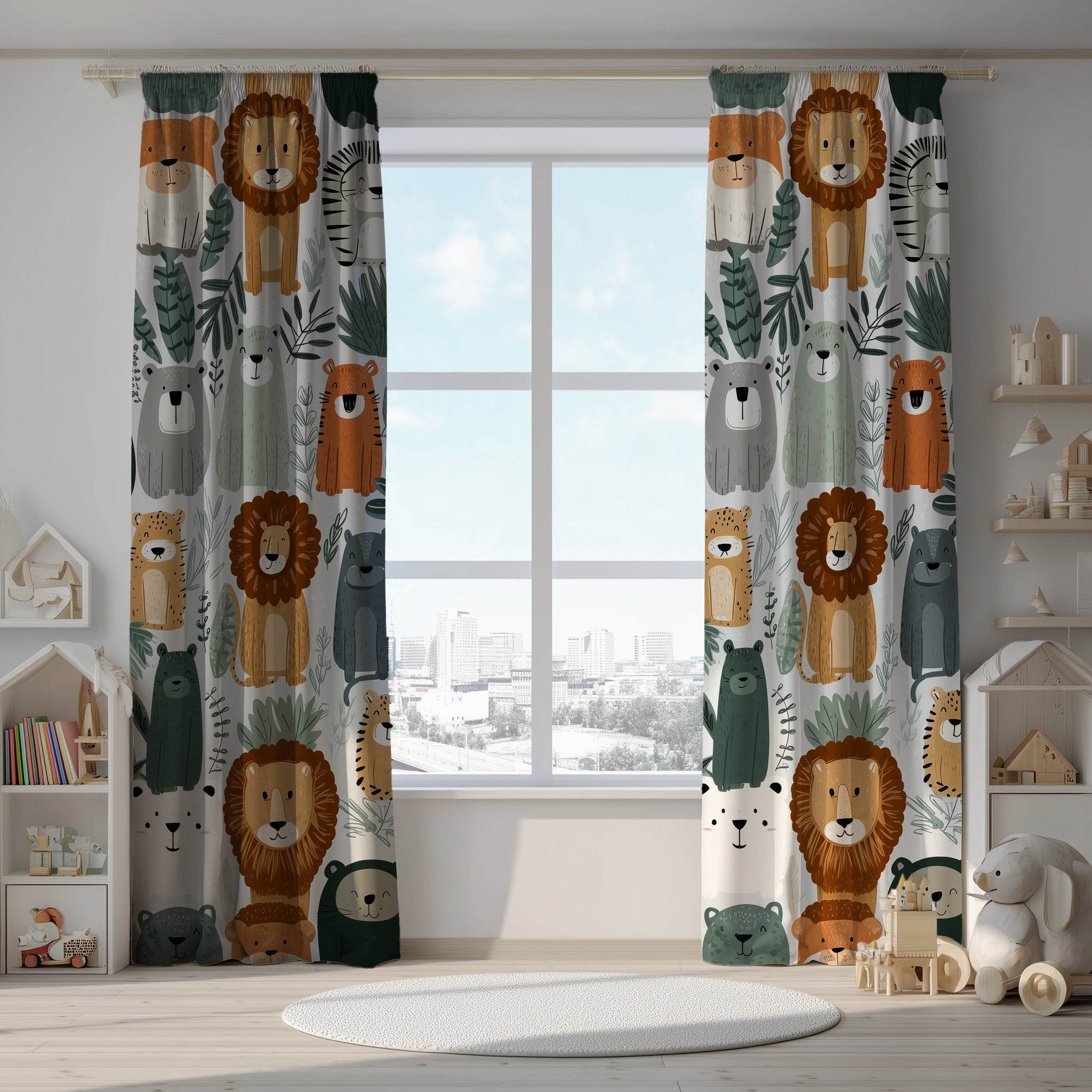 Colorful Wild Animal & Jungle Leaf Window Curtain - Home Decor -