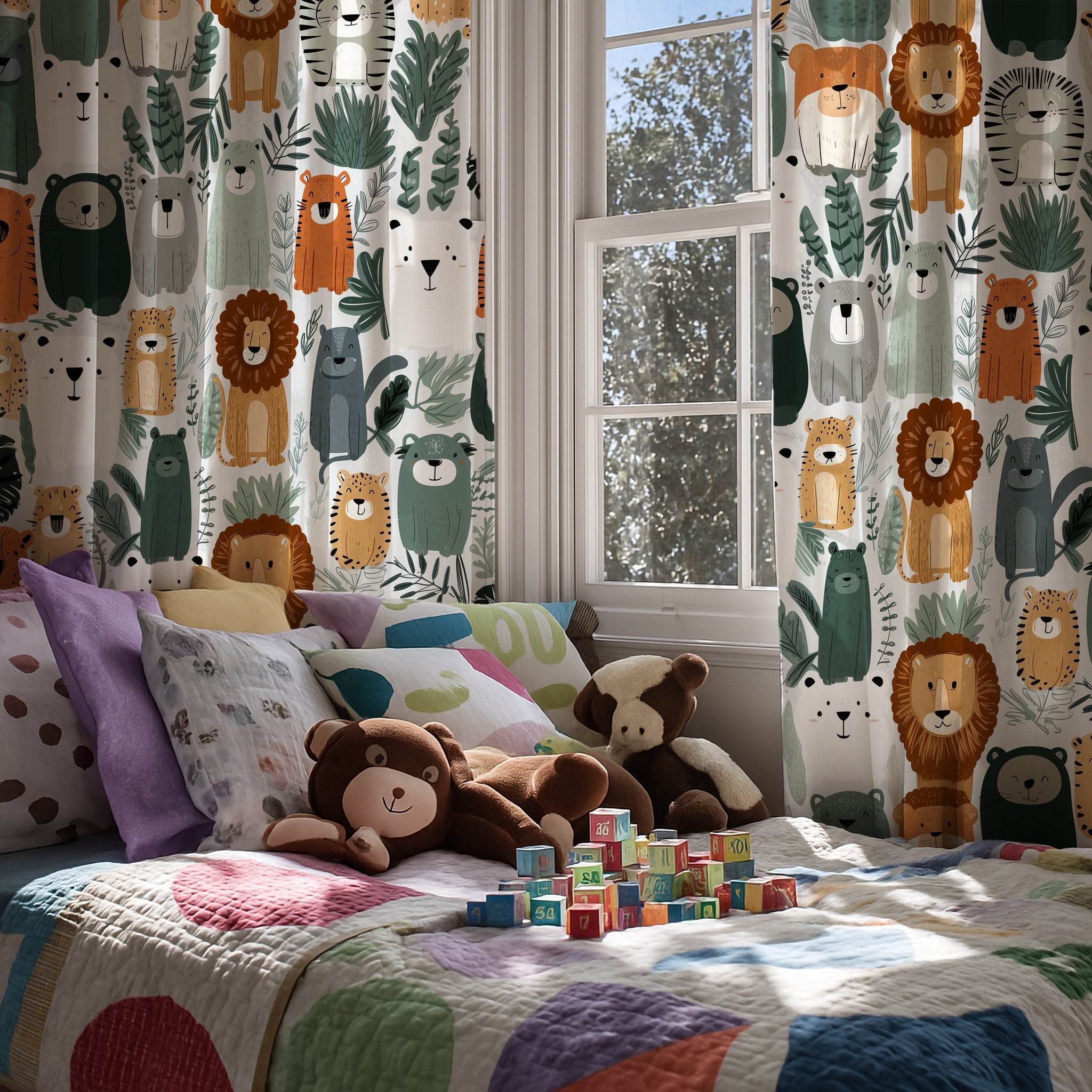 Colorful Wild Animal & Jungle Leaf Window Curtain - Home Decor -