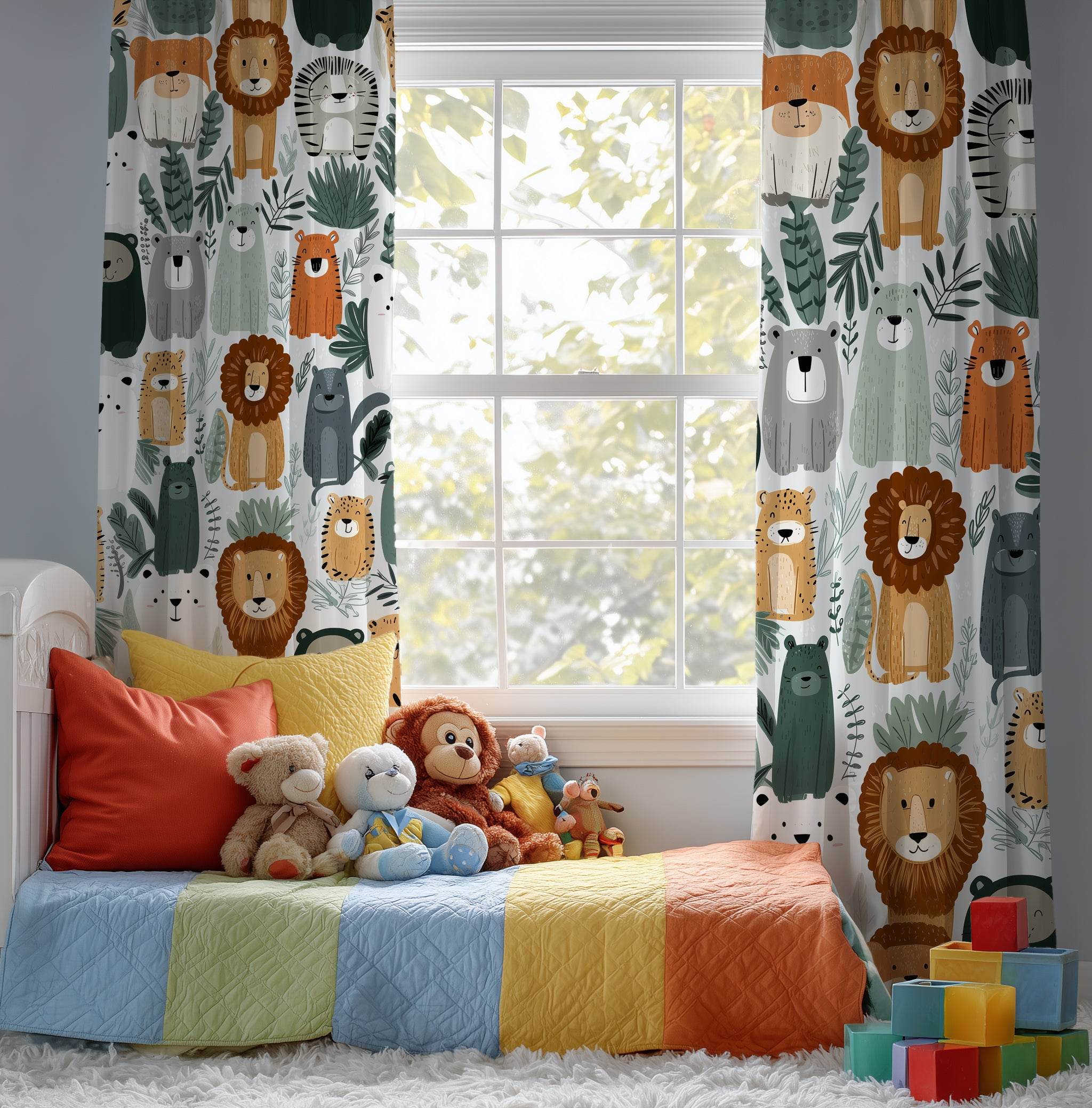 Colorful Wild Animal & Jungle Leaf Window Curtain - Home Decor -