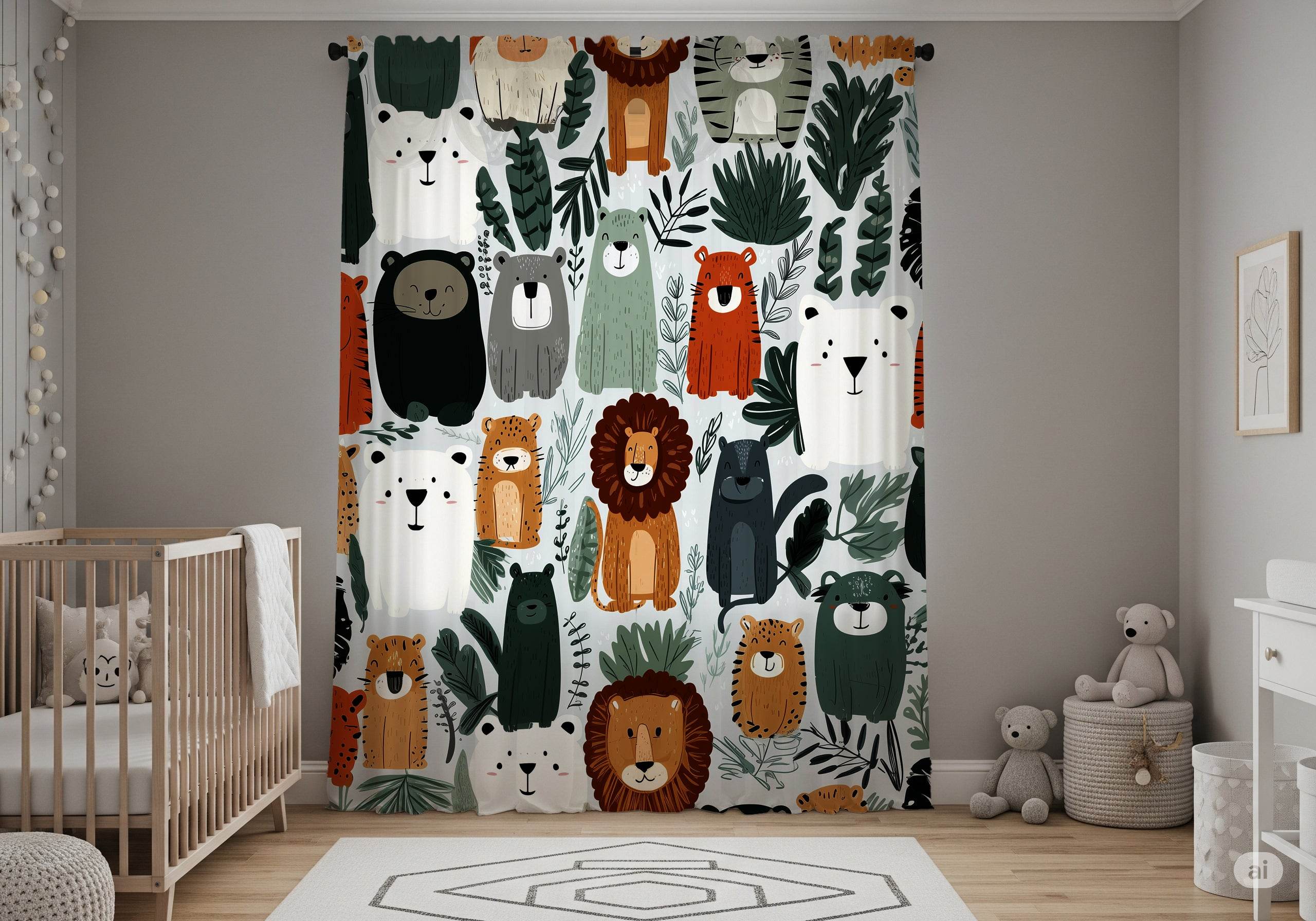 Colorful Wild Animal & Jungle Leaf Window Curtain - Home Decor -