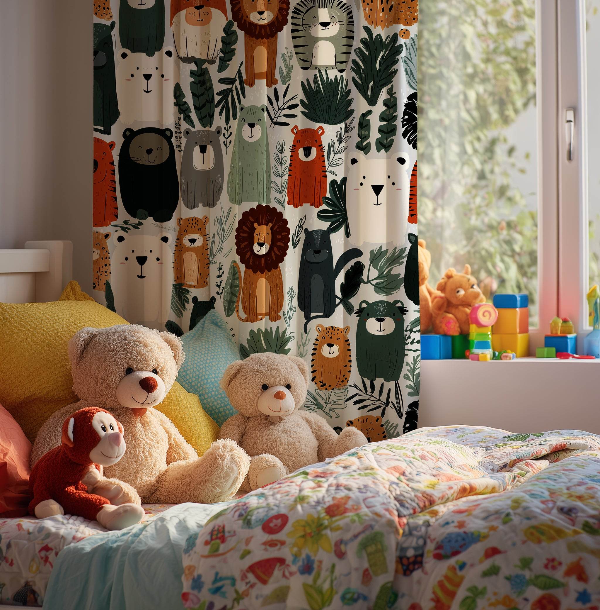 Colorful Wild Animal & Jungle Leaf Window Curtain - Home Decor -