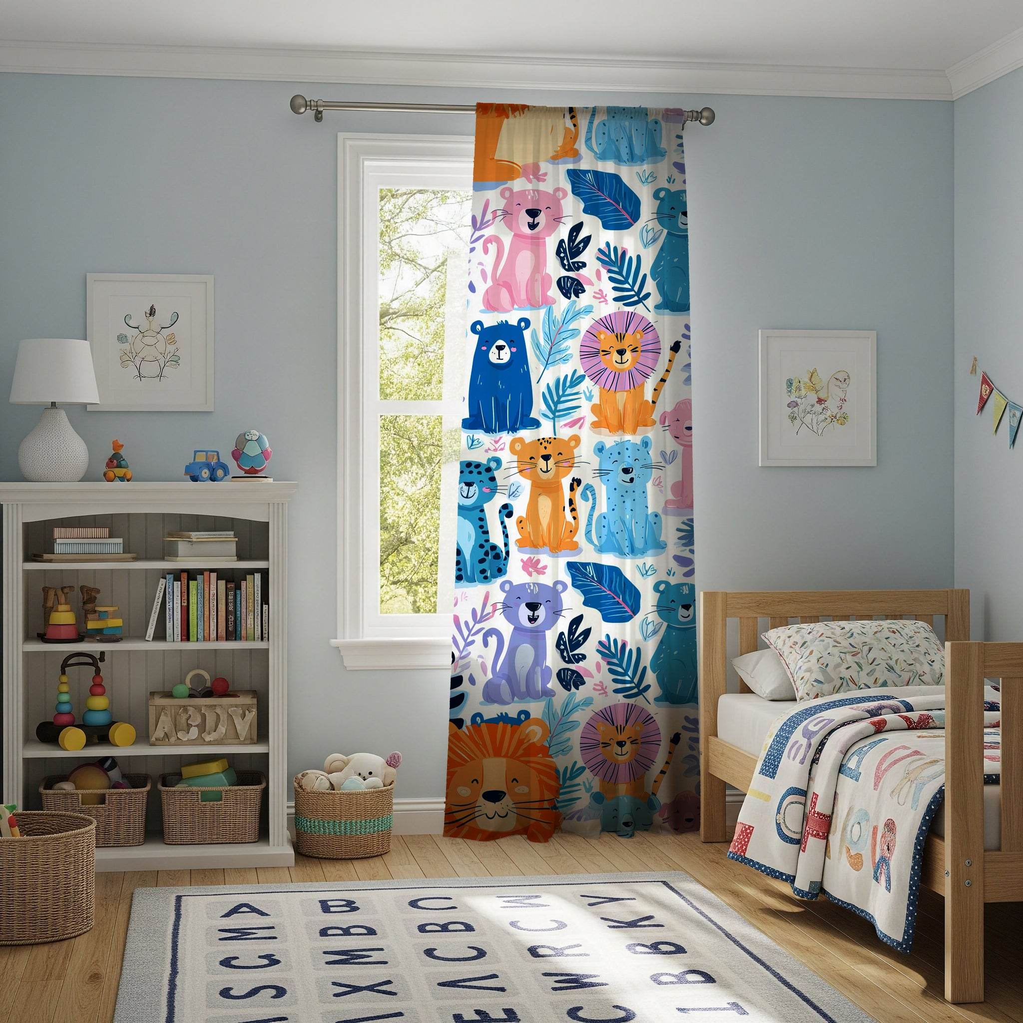 Playful Color Blocked Animal Window Curtain - Home Decor -