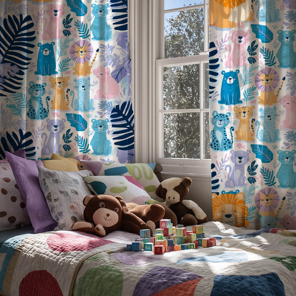 Playful Color Blocked Animal Window Curtain - Home Decor -