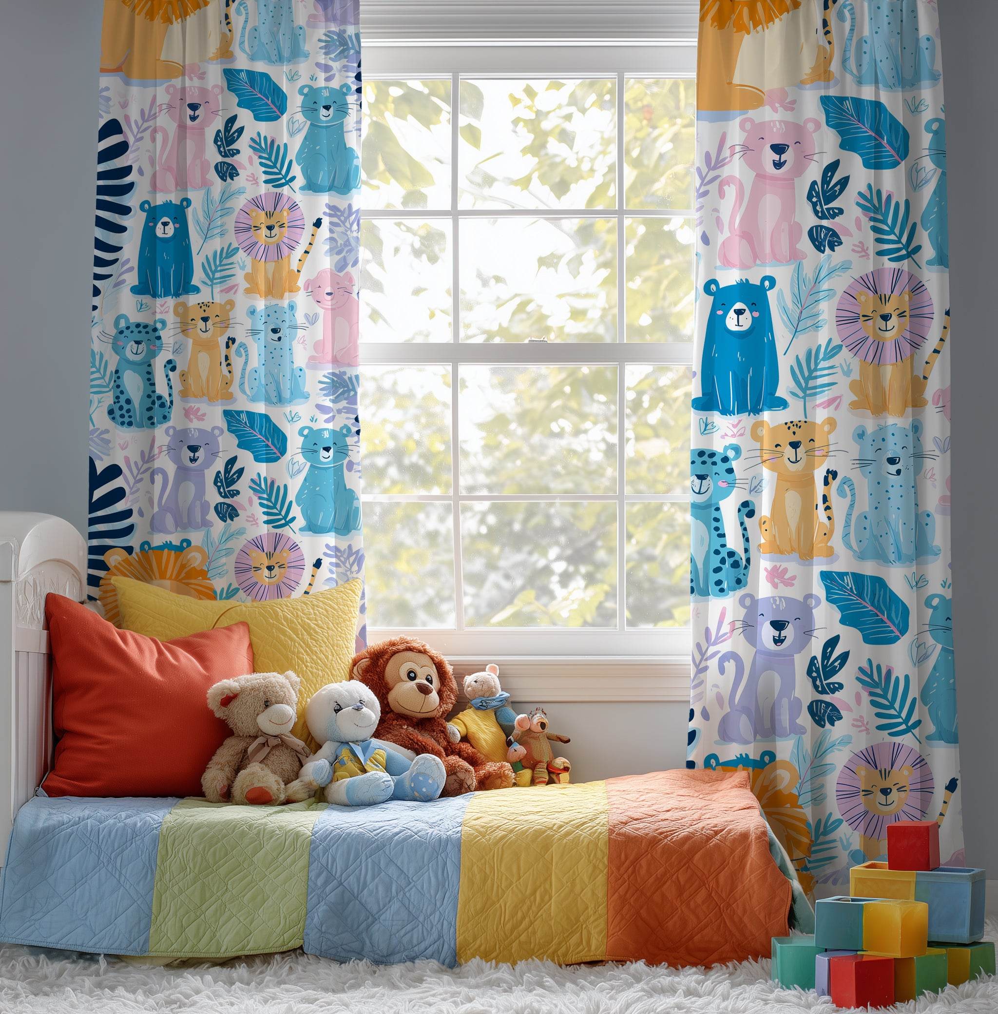 Playful Color Blocked Animal Window Curtain - Home Decor -