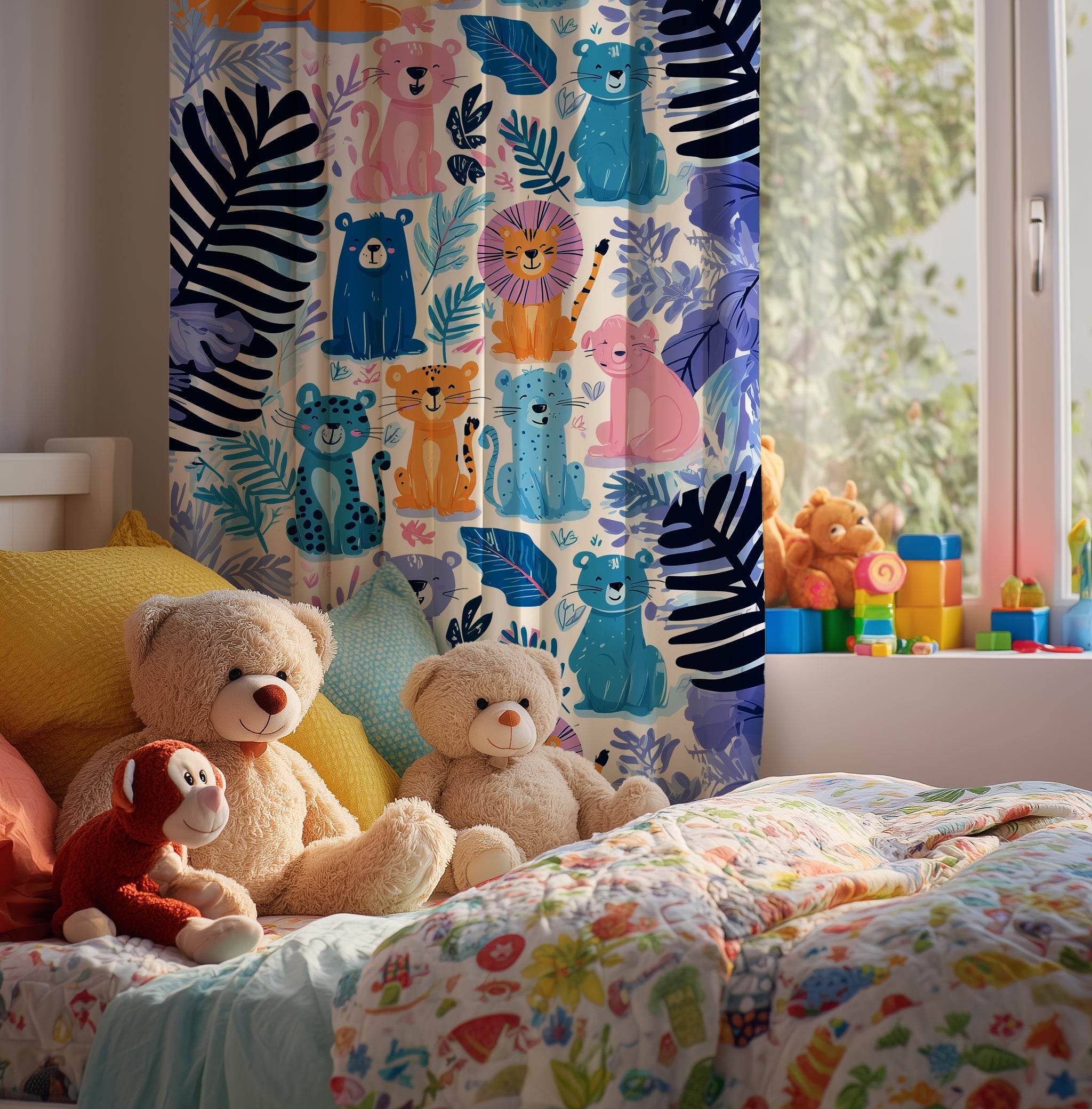 Playful Color Blocked Animal Window Curtain - Home Decor -