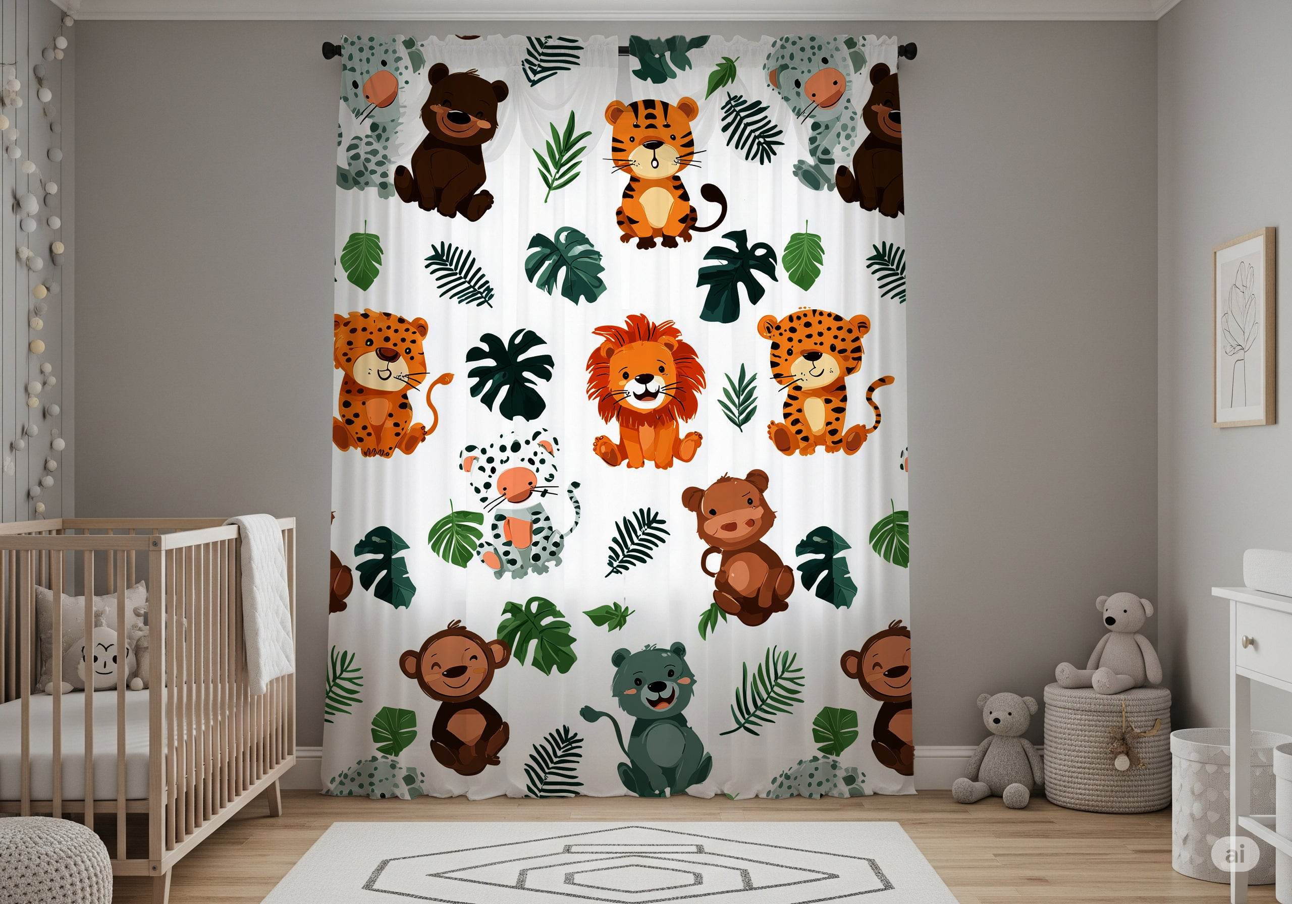 Whimsical Forest Animal Window Curtain with Soft Colors - Home Decor -
