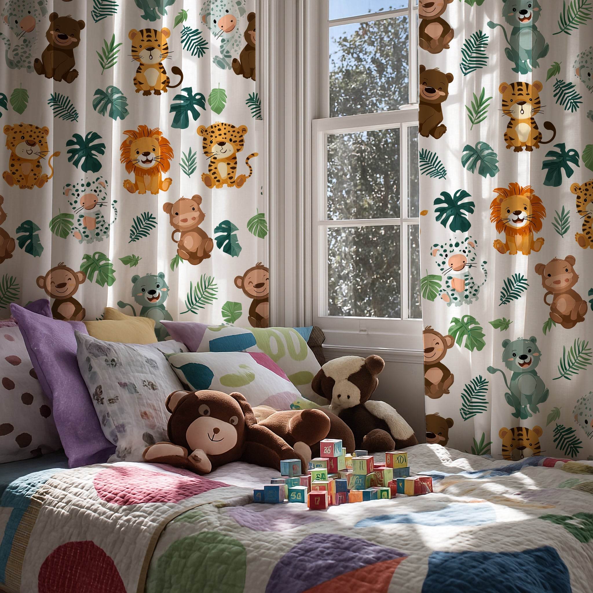 Whimsical Forest Animal Window Curtain with Soft Colors - Home Decor -