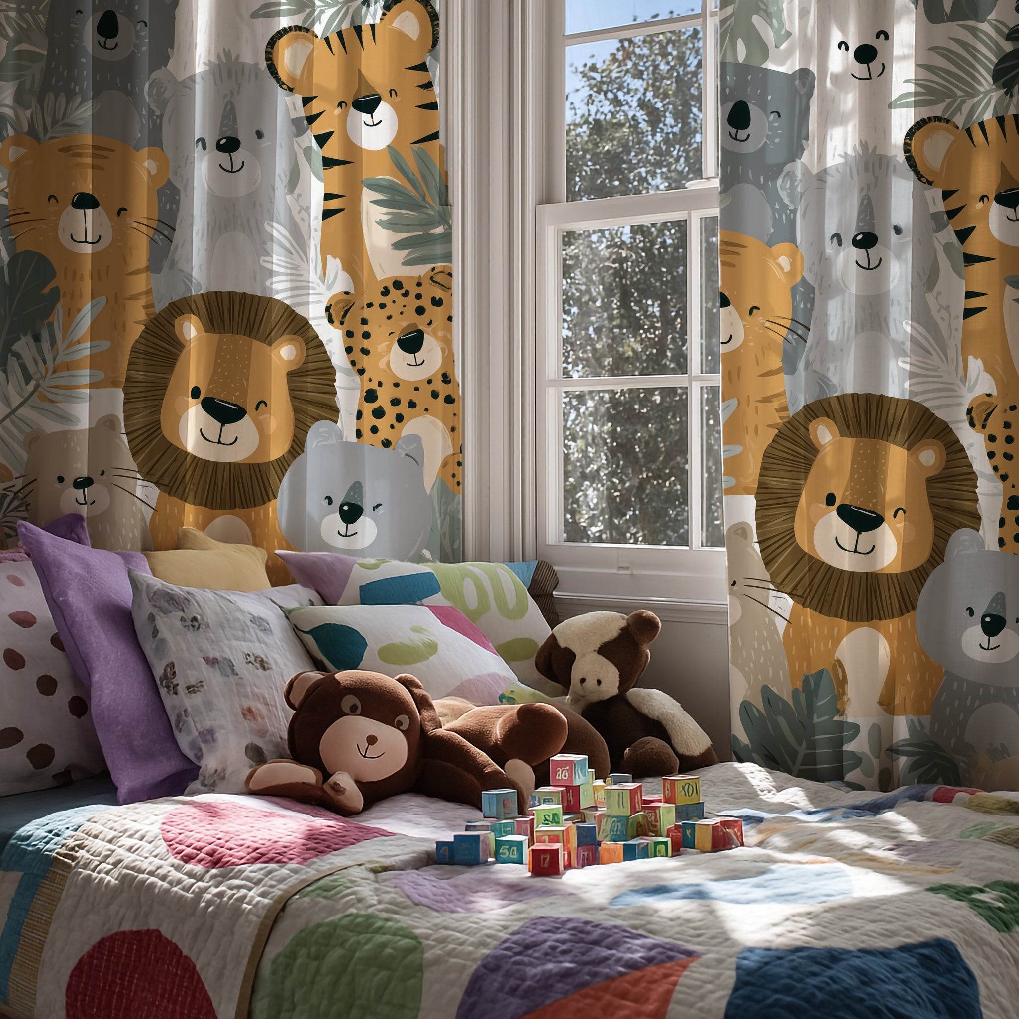 Vibrant Colorful Jungle Animal Window Curtain - Home Decor -