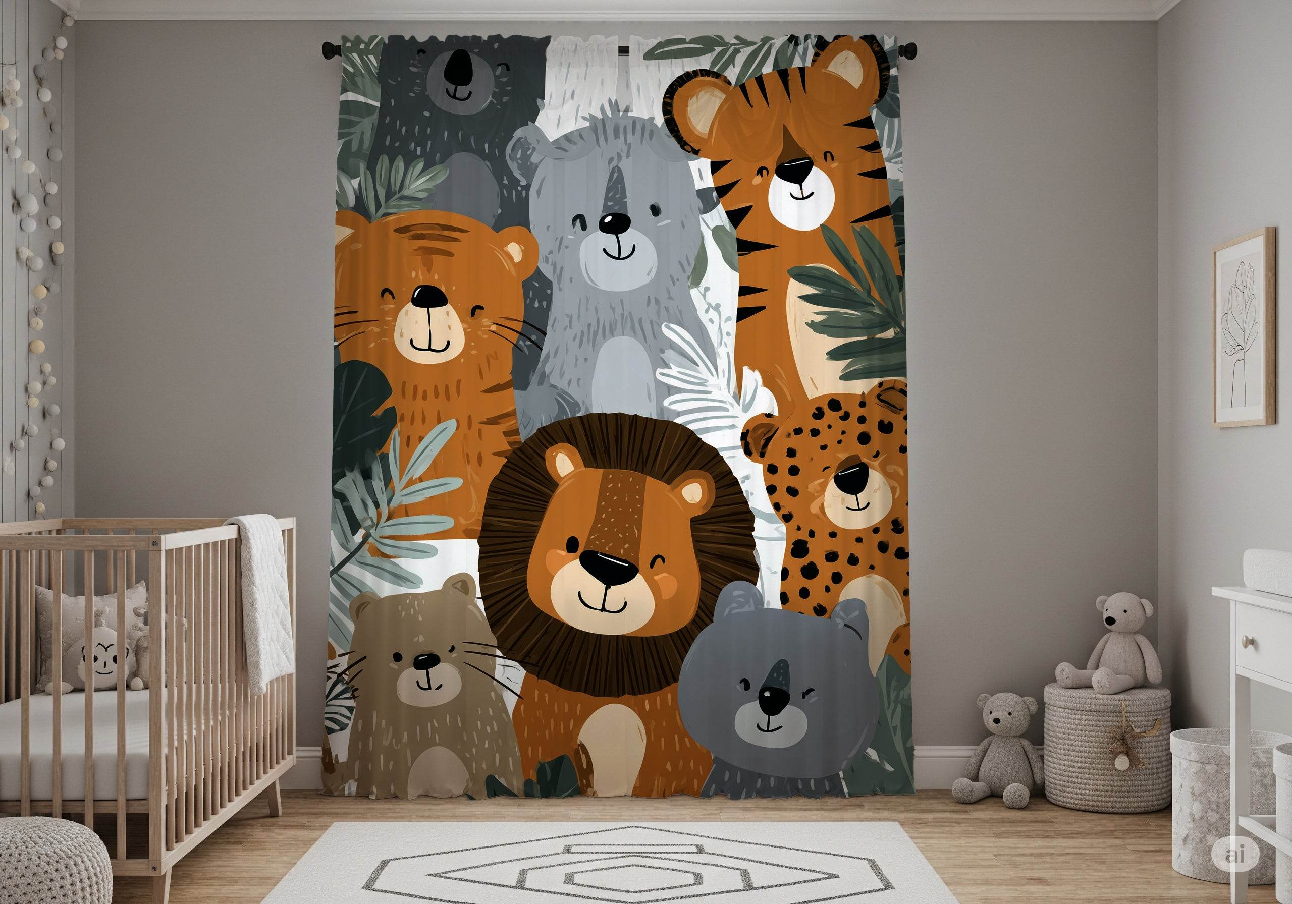 Vibrant Colorful Jungle Animal Window Curtain - Home Decor -
