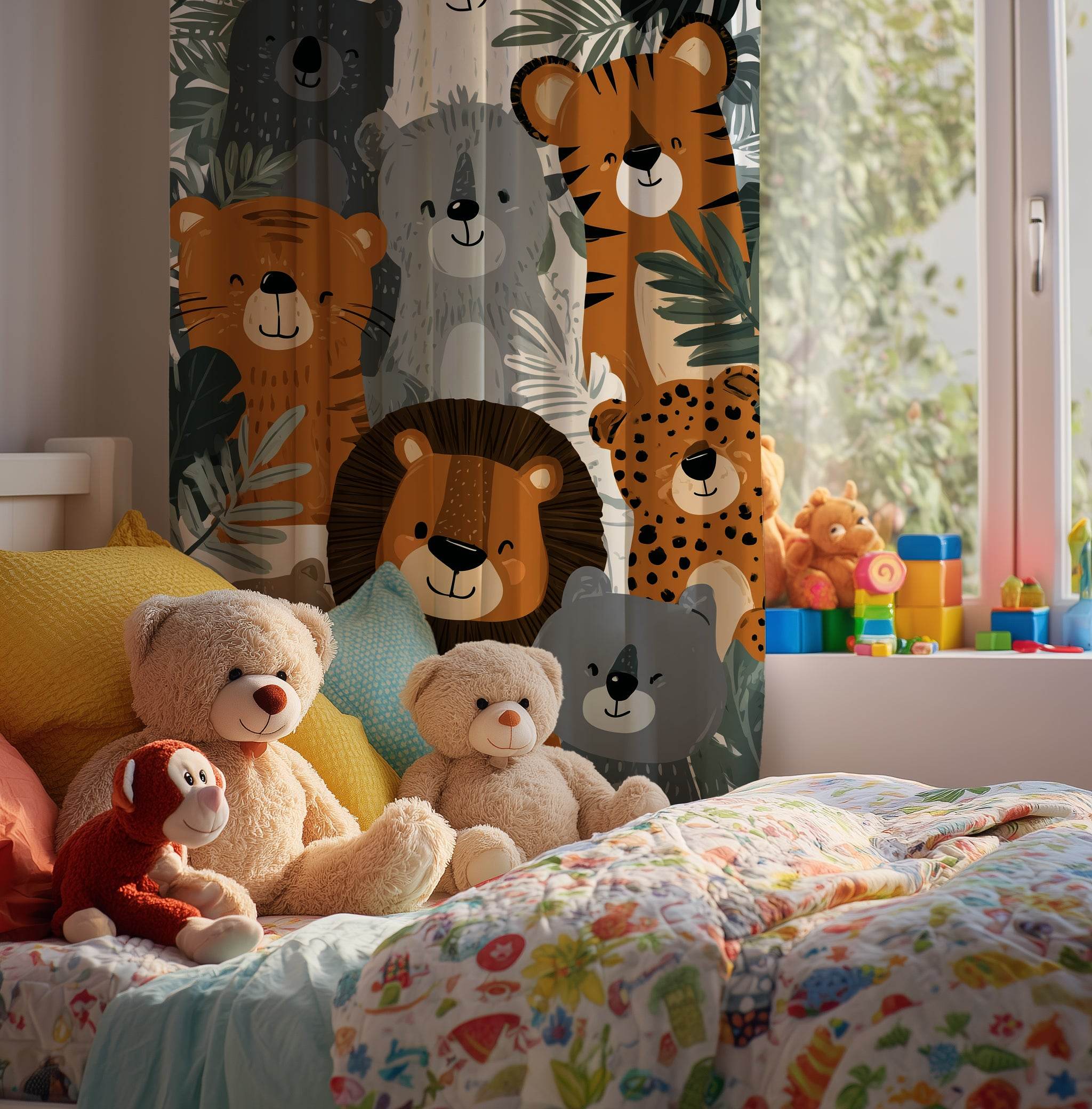 Vibrant Colorful Jungle Animal Window Curtain - Home Decor -